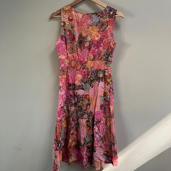 Chaudry Anthro Floral Tiered V-Neck Ruched Cinch Waist Dress Pink Boho NEW Small - Picture 4 of 5